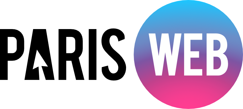 Logo de Paris Web.
"Paris" est écrit en noirs sur fonds planc avec un curseur à l'intérieur de la lettre A. "Web" est écrit en blanc à l'intérieur d'un cercle bleu et rose.