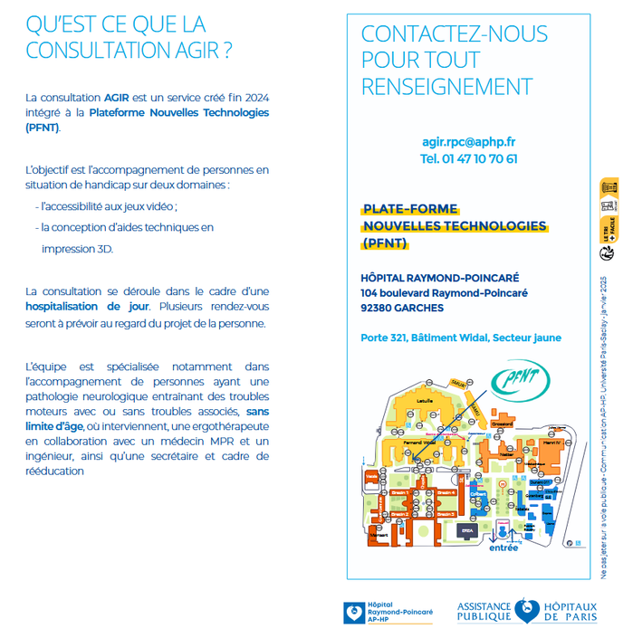 plaquette de la consultation AGIR de l'hopital Raymond Poincaré de l'APHP mentionnant l'accompagnement sur l'accessibilité aux jeux vidéo